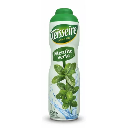 Teisseire Green Mint Syrup bottle front view with mint leaves and splash design