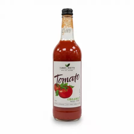 Bottle of James White Organic Tomato Juice front label