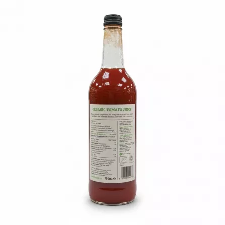 Back label of James White Organic Tomato Juice showing ingredients and nutritional information