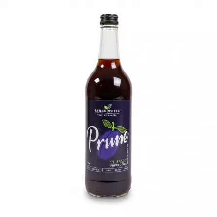 Bottle of James White Classic Prune Juice front label