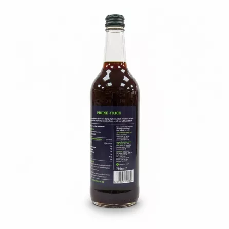 Back label of James White Classic Prune Juice with ingredients and storage info