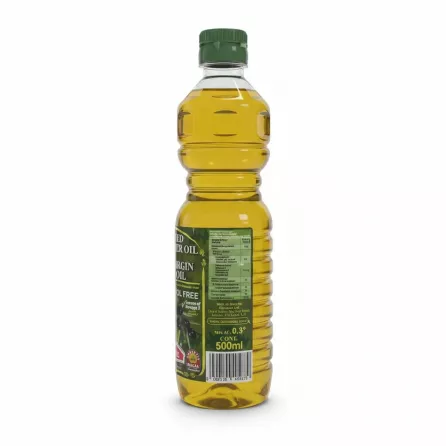 Back label showing nutritional information and barcode of Garusana oil bottle