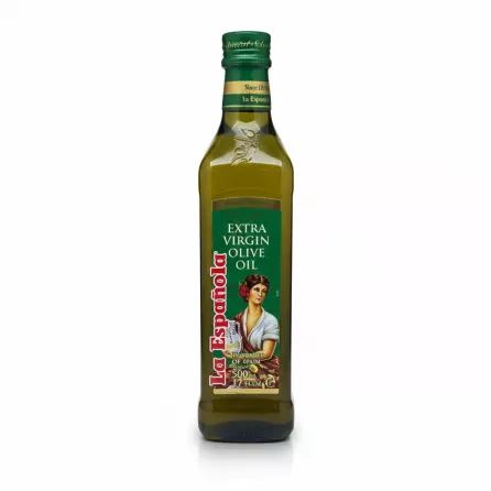 Bottle of La Española Extra Virgin Olive Oil front label on a white background