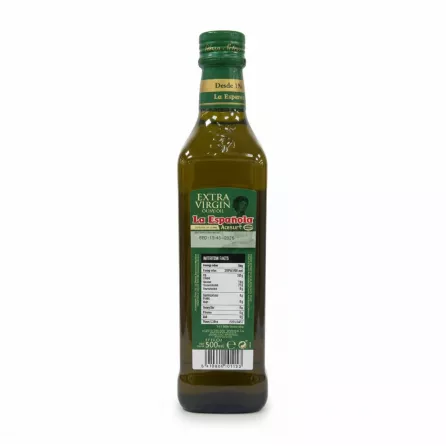 Bottle of La Española Extra Virgin Olive Oil back label with nutritional facts