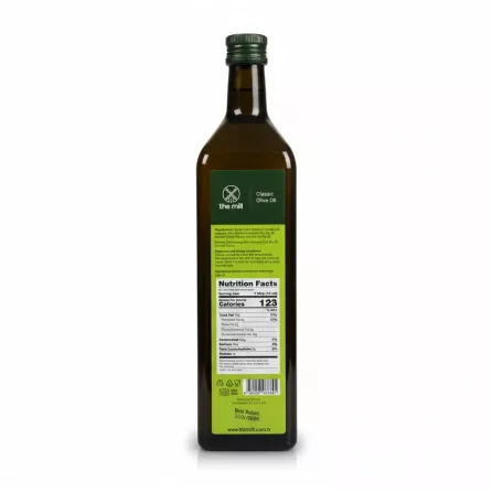 Back label of The Mill Classic Olive Oil showing nutrition facts and ingredients
