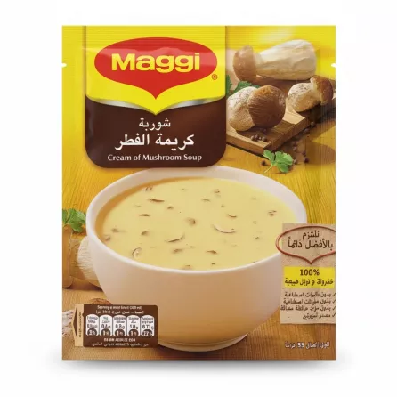 Front packaging of Maggi Cream of Mushroom Soup mix showing a bowl of creamy mushroom soup