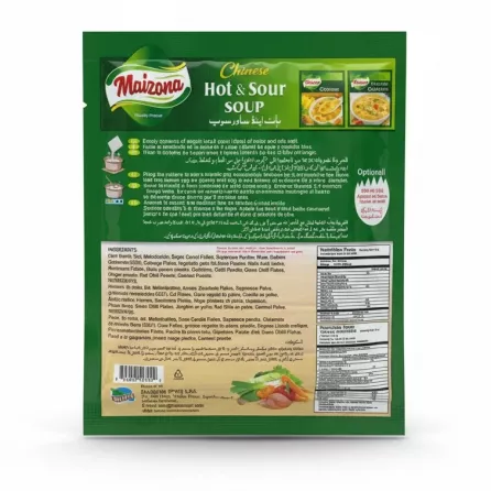Maizona Chinese Hot & Sour Soup packet back with cooking instructions and ingredients