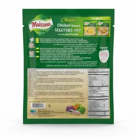 Maizona Chicken Flavored Vegetable Soup back packaging with instructions and ingredients