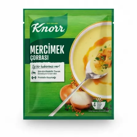 Knorr Lentil Soup Mix packet front with bowl of lentil soup