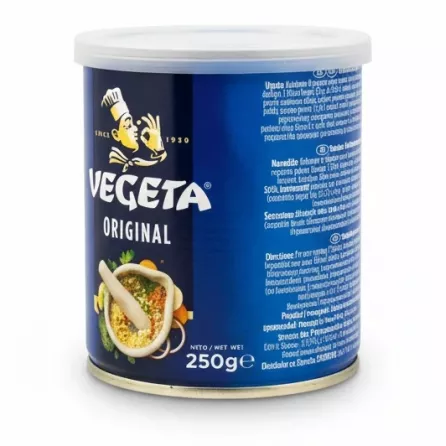 Vegeta Original Food Seasoning 250g container side view with ingredient details