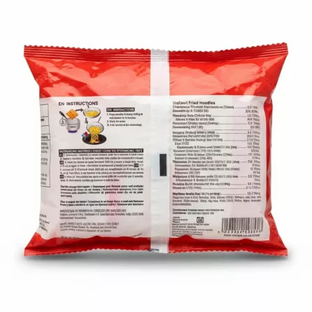 Cooking instructions and ingredients list for Indomie Mi Goreng noodles on a white background