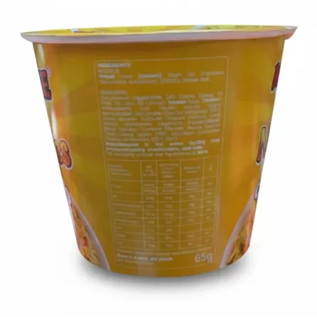 Side view of Ko-Lee Go Noodles cup with ingredients and nutritional info