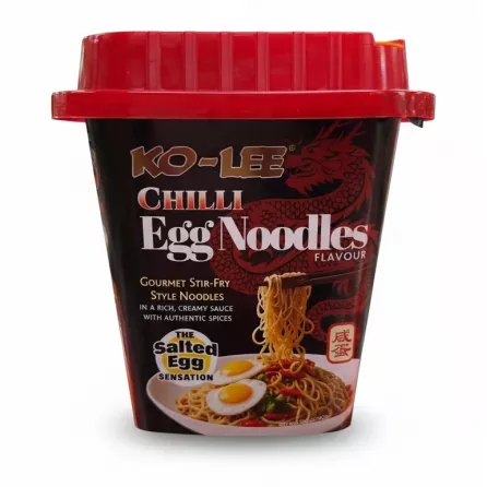 Ko-Lee Chilli Egg Noodles instant cup packaging front view prominent and on white background