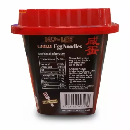 Nutritional information and barcode on back of Ko-Lee Chilli Egg Noodles cup