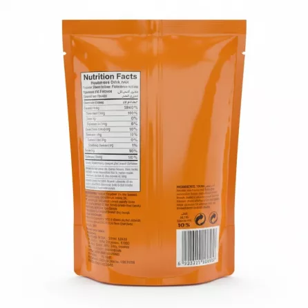 Tang orange flavour powdered drink mix pack back view with nutrition info