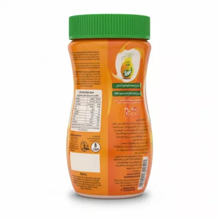 Back view of Tang Orange drink powder with nutritional and preparation information