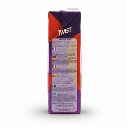 Back side of Twist Cocktail nectar carton displaying ingredients in multiple languages