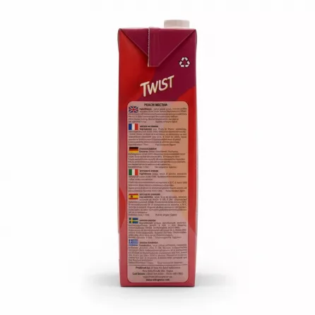 Side view of Twist Peach Nectar with ingredients and origin information