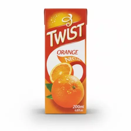 Twist Orange Nectar 200ml carton held in hand showing front packaging
