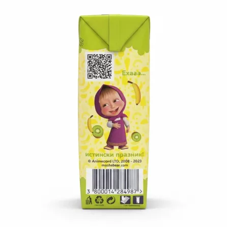 Back view of fresh kiwi banana juice pack with animated girl character and barcode