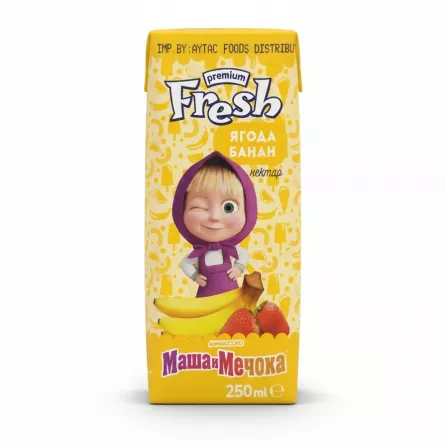 Fresh 250ml strawberry banana nectar juice carton showing front with animated character and fruit illustration