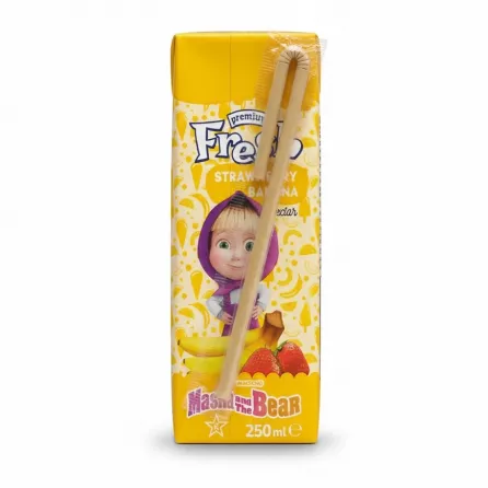 Strawberry banana nectar juice carton with attached drinking straw