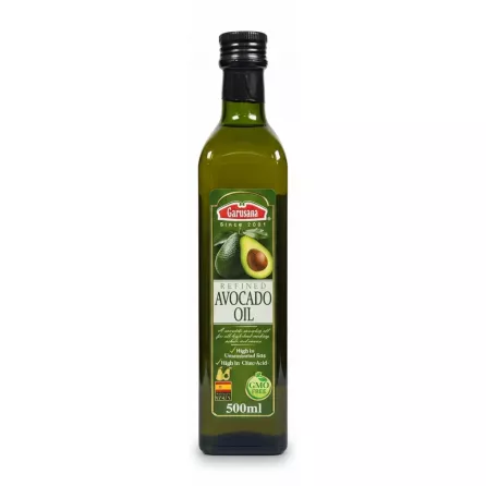 Garusana refined avocado oil bottle front showing label and avocado image
