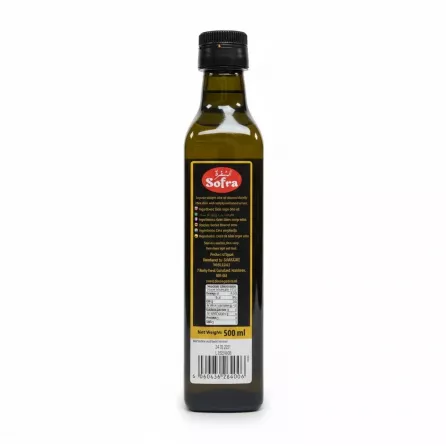 Sofra extra virgin olive oil 500ml bottle back label with ingredients and nutrition