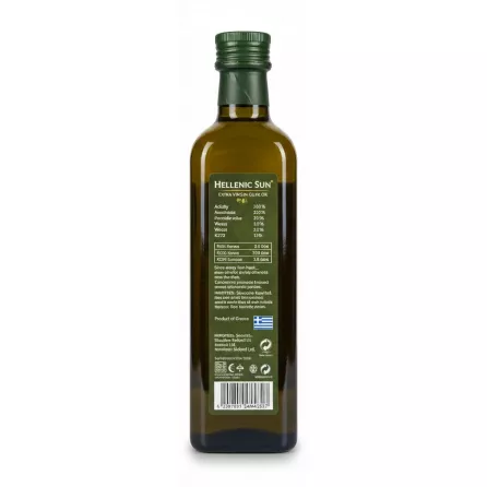 Back label of Hellenic Sun Extra Virgin Olive Oil with product details