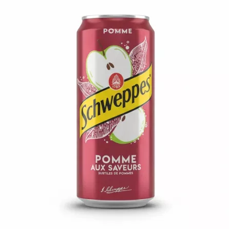Schweppes apple flavoured soft drink can held in hand