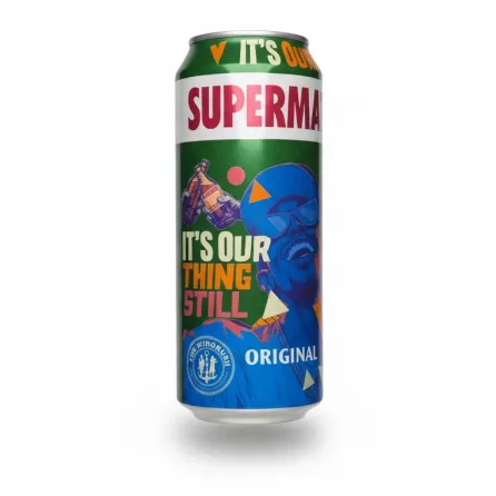 Supermalt Original malt drink can held in hand front view