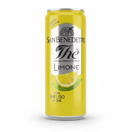 Can of San Benedetto lemon infused iced tea in hand