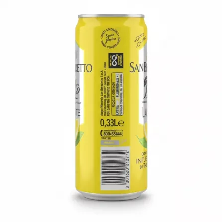 Back side of San Benedetto lemon iced tea can showing recycling info and barcode