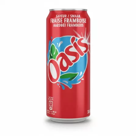 Can of Oasis Strawberry Raspberry flavour drink front view