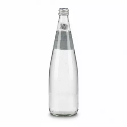 San Benedetto sparkling mineral water clear glass bottle back view with label