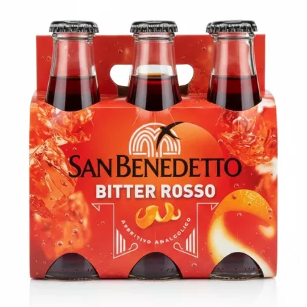 Six-pack of San Benedetto Bitter Rosso red non-alcoholic aperitivo bottles