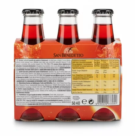 Back view of San Benedetto Bitter Rosso showing ingredients and nutritional facts