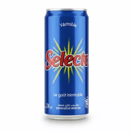 Blue can of Selecto flavoured soda drink in hand