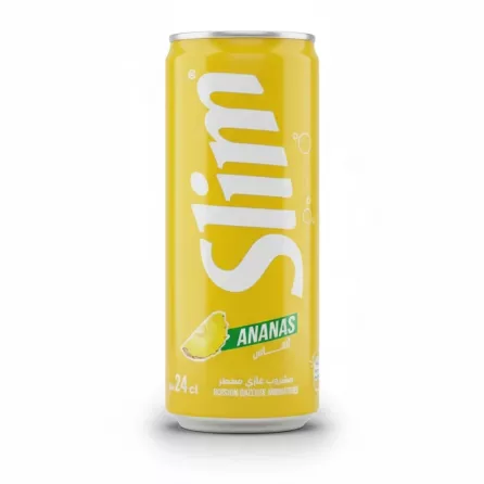 Slim pineapple flavoured soda in bright yellow slim can