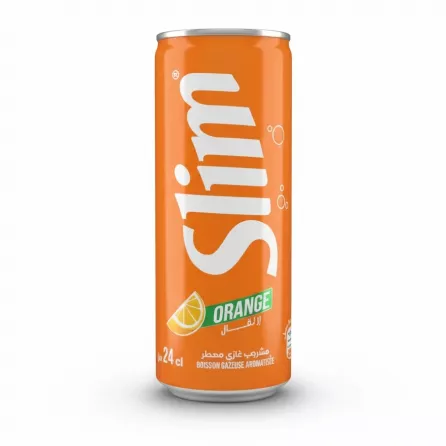 Slim Orange flavour soda can held in hand