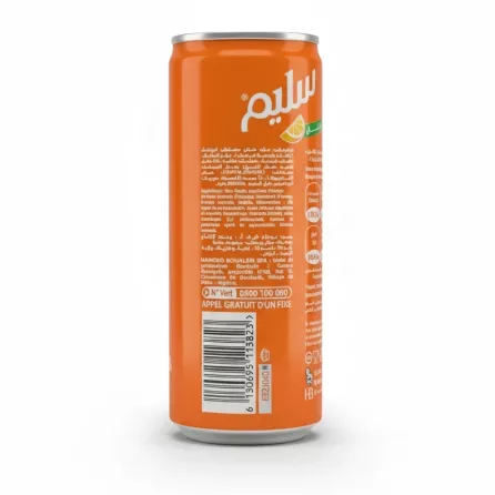 Back view of Slim Orange soda can showing ingredients and barcode