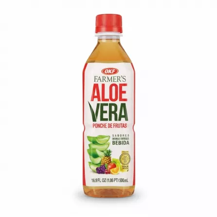 OKF Farmer's Aloe Vera Fruit Punch Drink front label showing fruit and aloe illustrations