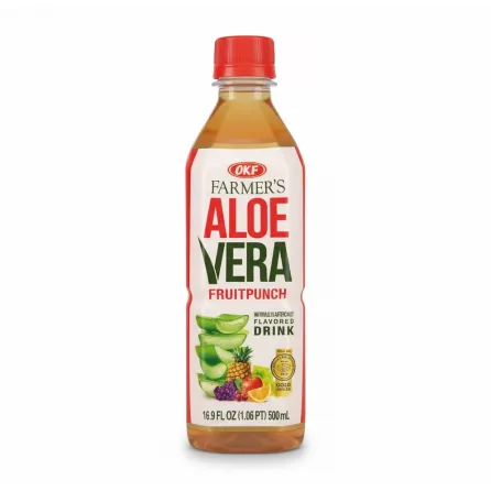 Close-up of OKF Aloe Vera Fruit Punch Drink bottle with red cap being held in hand