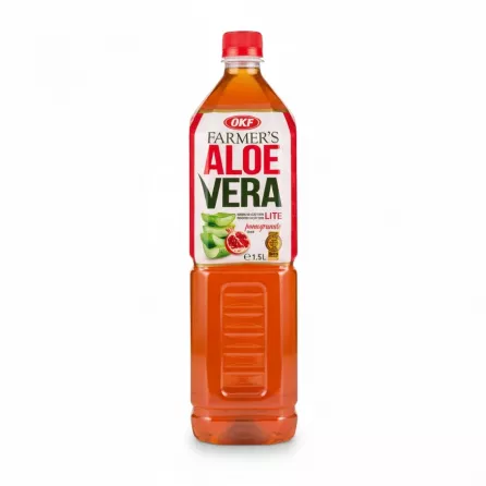 1.5 litre bottle of OKF Farmer's Aloe Vera Lite Pomegranate drink held upright