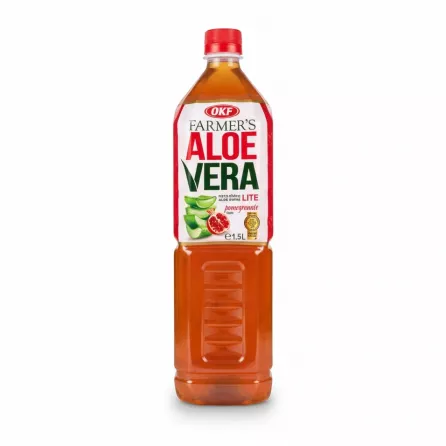 Close-up front view of OKF Farmer's Aloe Vera Lite Pomegranate bottle