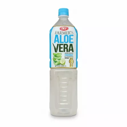 Close-up of OKF Farmer's Aloe Vera Coconut Drink front bottle with clear liquid