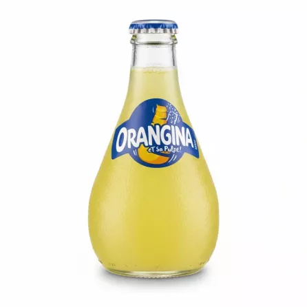 Bottle of Orangina citrus sparkling beverage with blue label and yellow liquid