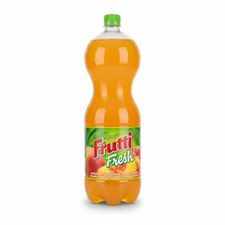 Frutti Fresh original peach juice in a 2-litre transparent plastic bottle with a green cap on a white background