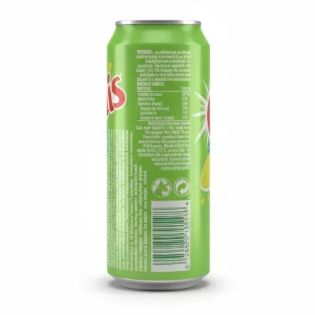 Back view of Oasis apple pear soft drink can showing ingredients and barcode