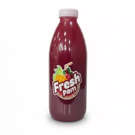 Bottle of Fresh Pom natural pomegranate juice with colourful label